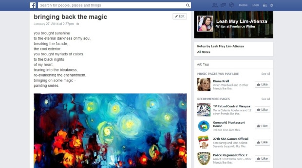 Screenshot of a Poem on Facebook